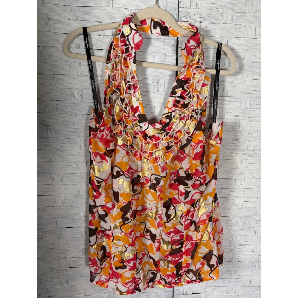 Baby Phat Women Halter Top Ruffle V-Neck Silk Blend Orange Gold Plus size